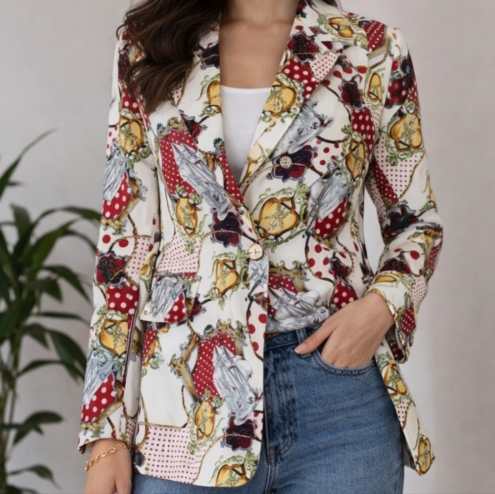 Nautical Scarf Print Blazer Jacket Polka Dot Baroque Coastal Chic Statement